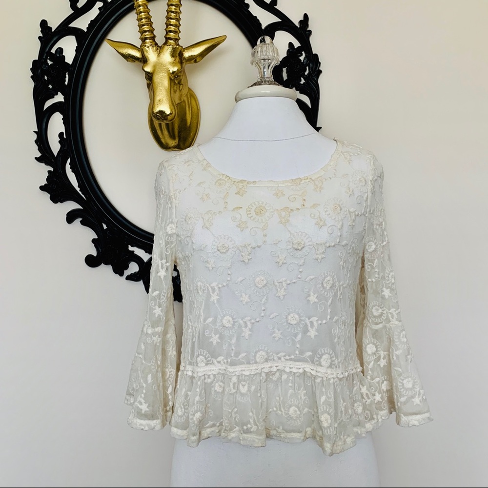 Others Follow Cream Lace Top with Ruffle Sleeves